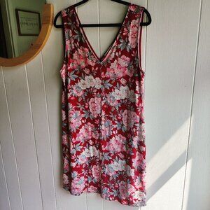 Loft Floral sundress on a red background, Flirty knit dress, sleeveless & v-neck